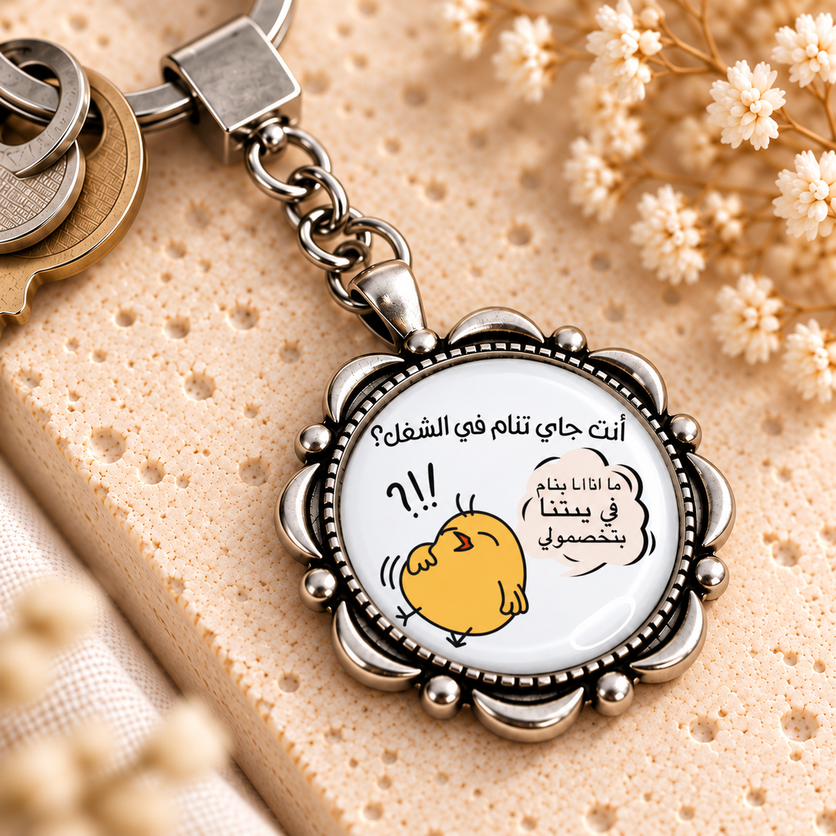Real Work-Life Comic Glass Dome Keychain | Ornate Round Metal Frame