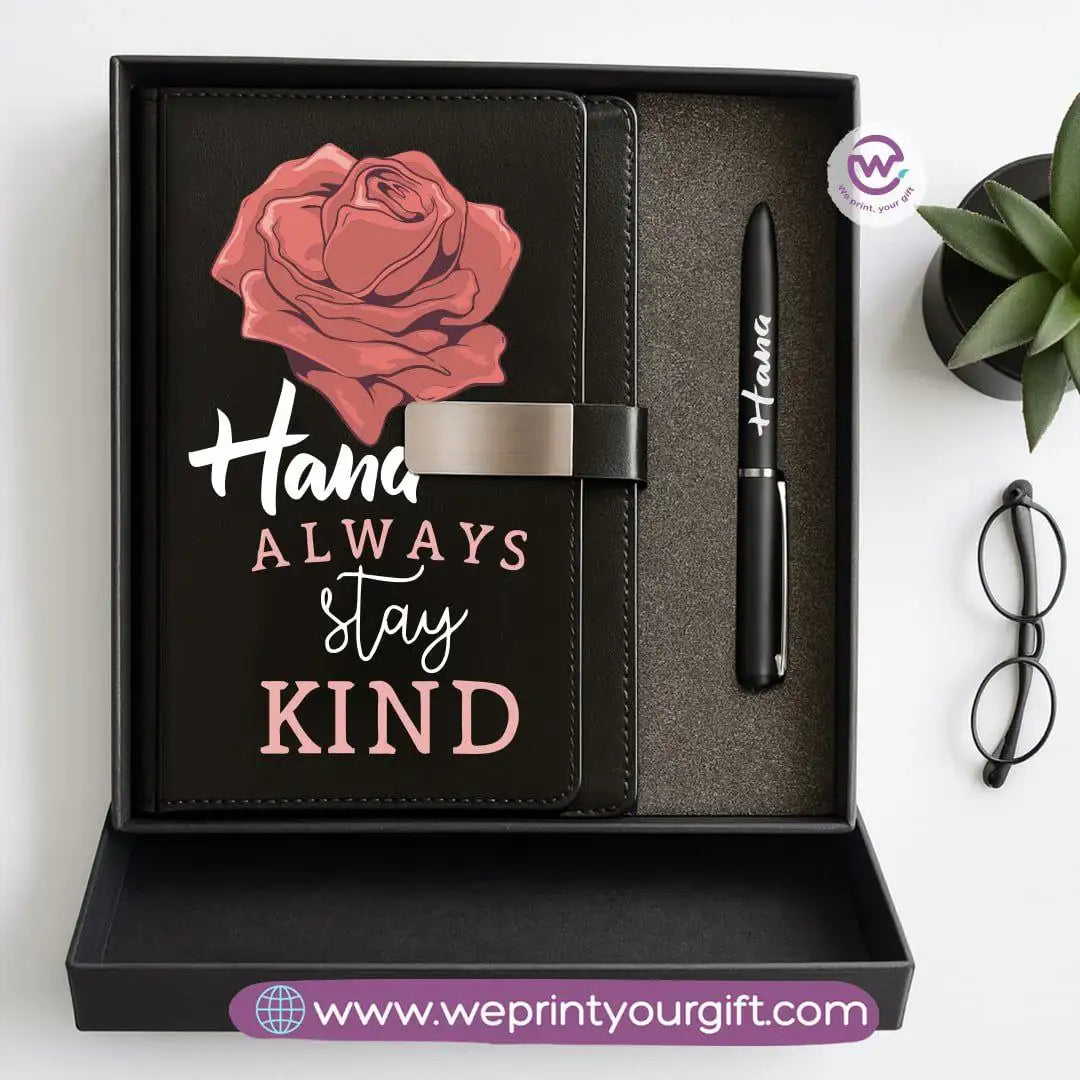 Personalized Leather Notebook & Engraved Pen Gift Box – Motivational Design with Name - WE PRINT