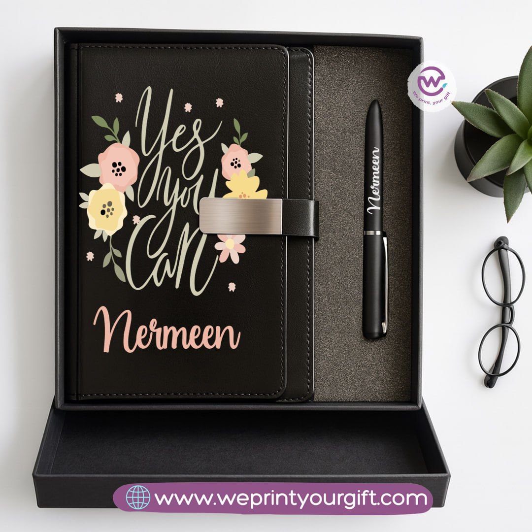 Motivational Personalized Gift Box – Custom Name Leather Notebook & Engraved Pen
