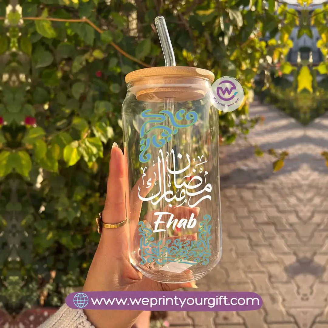 Round Glass Mug with Bamboo Lid & Glass Straw | Ramadan Design - WE PRINT