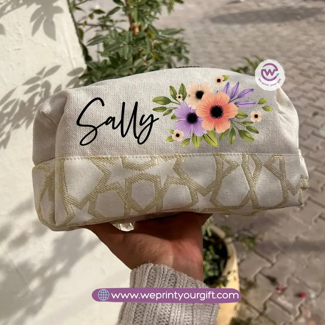 Islamic Pattern Floral Name Boxy Pouch – Personalized Cotton Makeup & Pencil Case