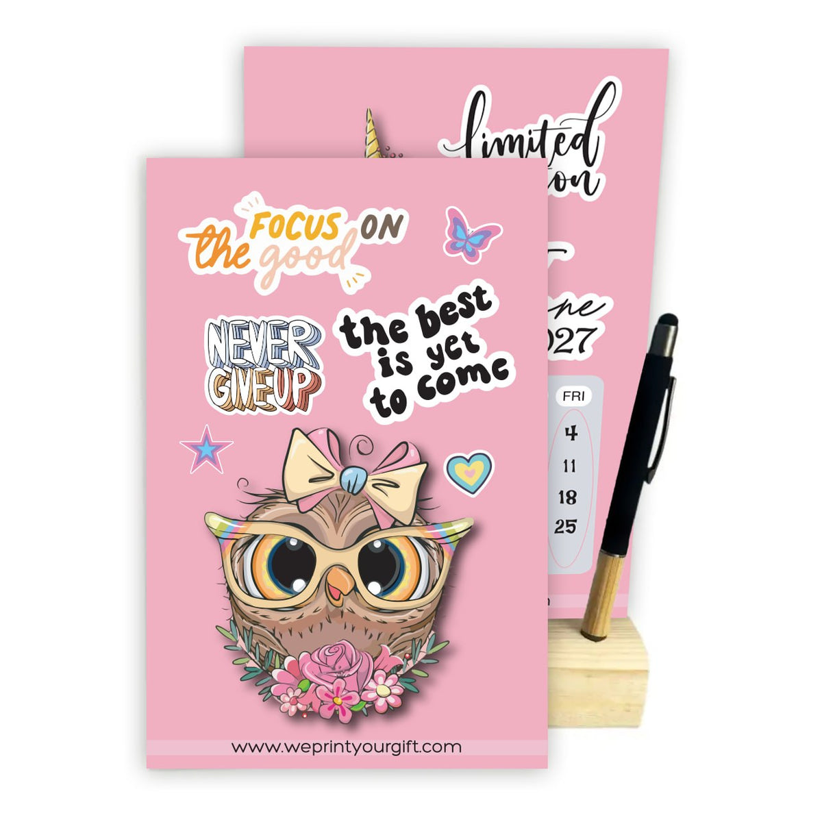 Cute Owl 2027 Desk Calendar with Wooden Stand & Bamboo Stylus Pen – Pink Motivational Collection