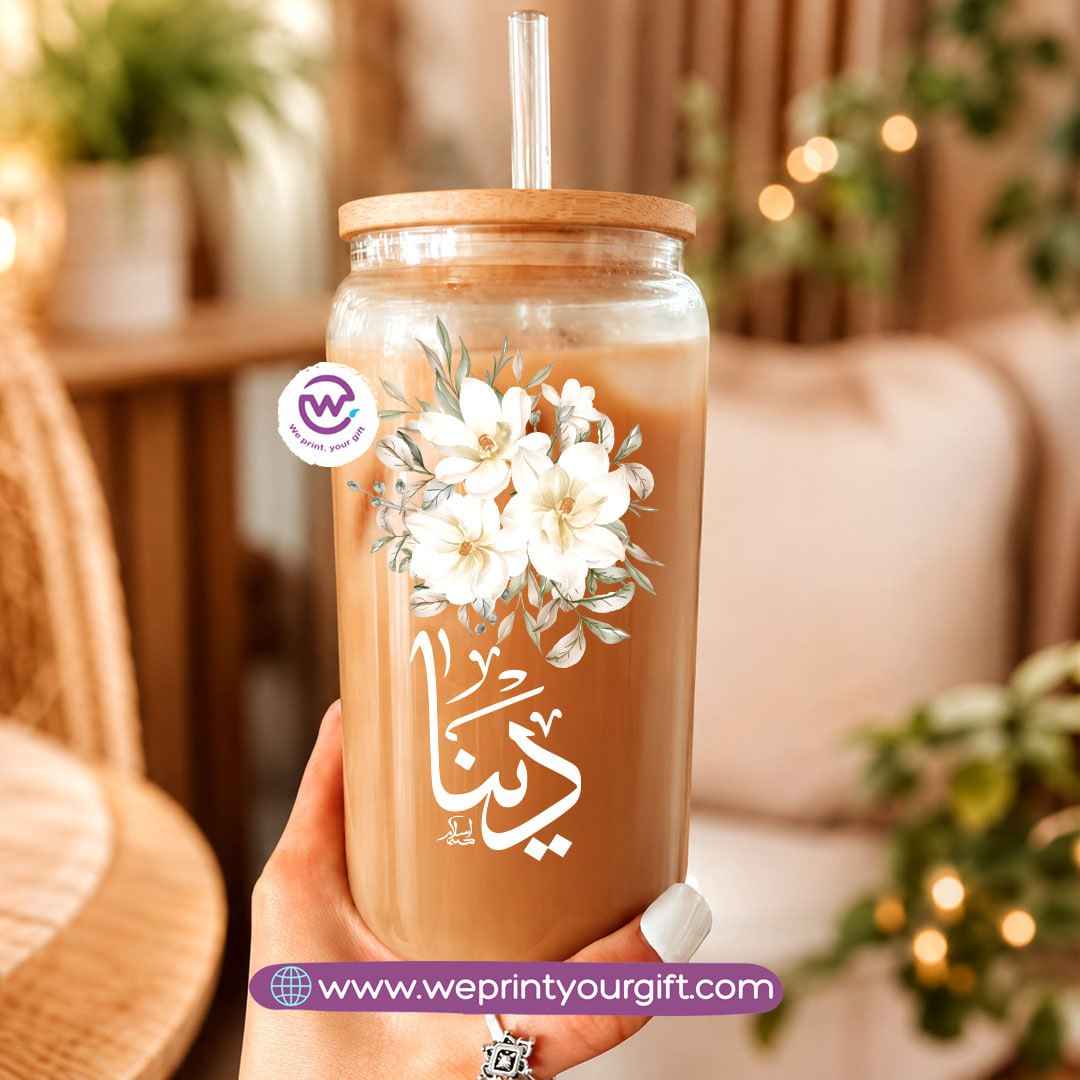 Floral Name Designs Glass Cup with Bamboo Lid & Reusable Glass Straw
