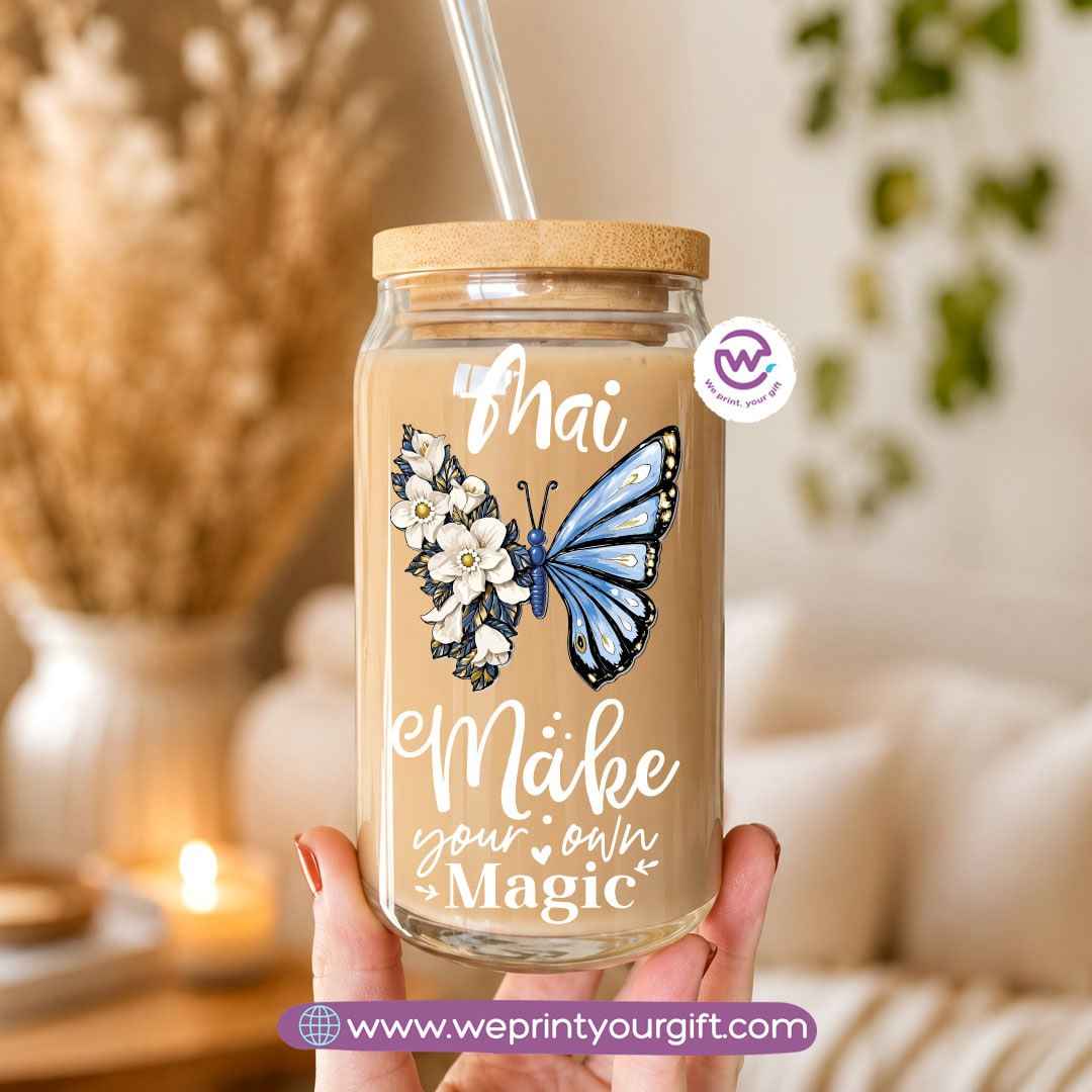 Butterfly Designs Glass Cup with Bamboo Lid & Reusable Glass Straw