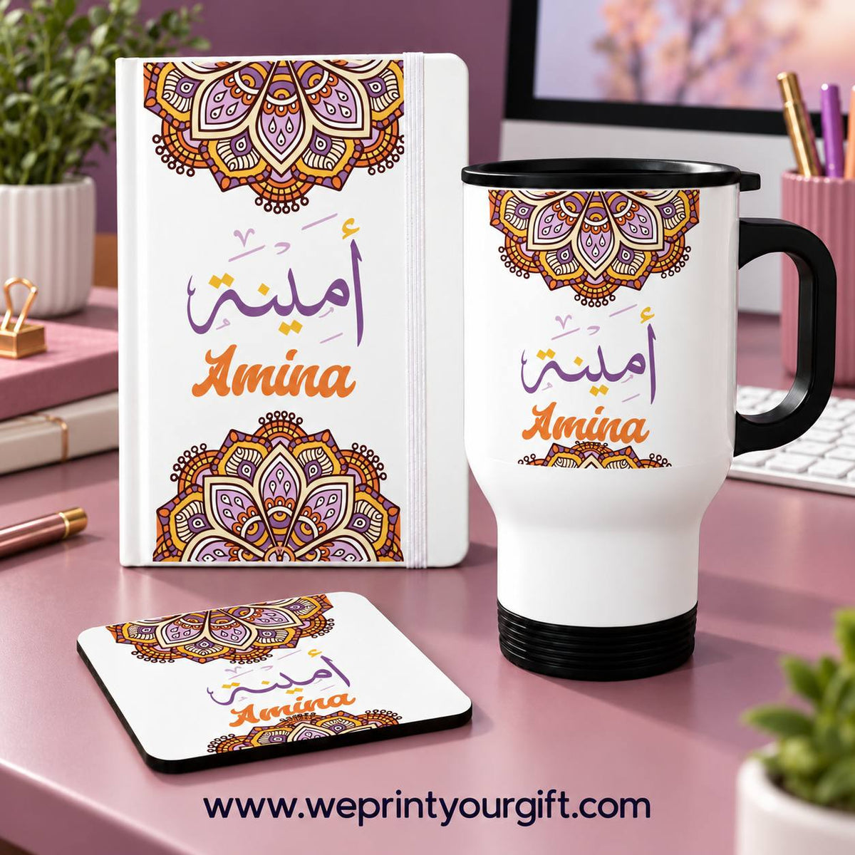 Mandala Office Set – Personalized Name | Notebook + Travel Mug + Coaster