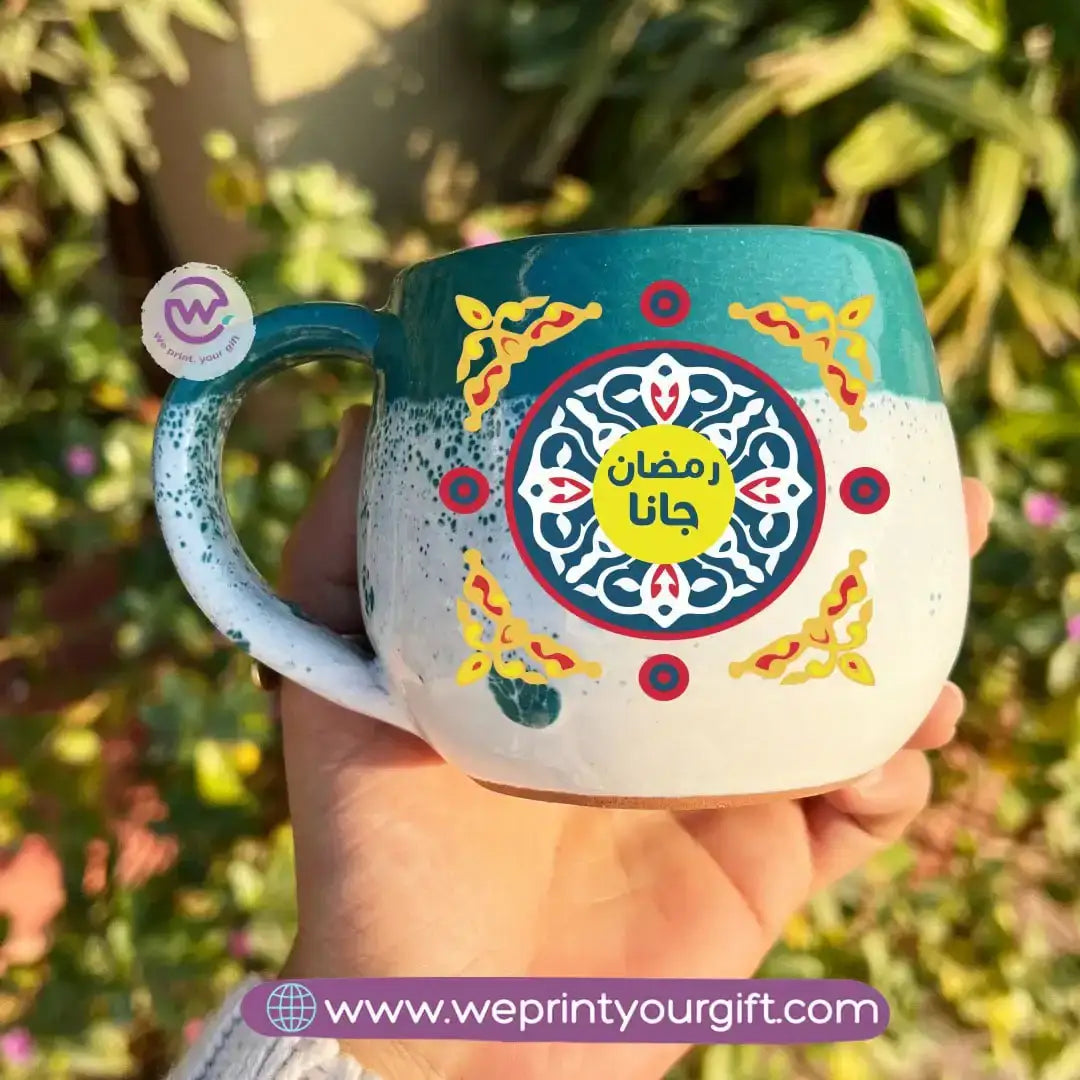 Green & White Handmade Pottery Mug with Ramadan Designs - WE PRINT