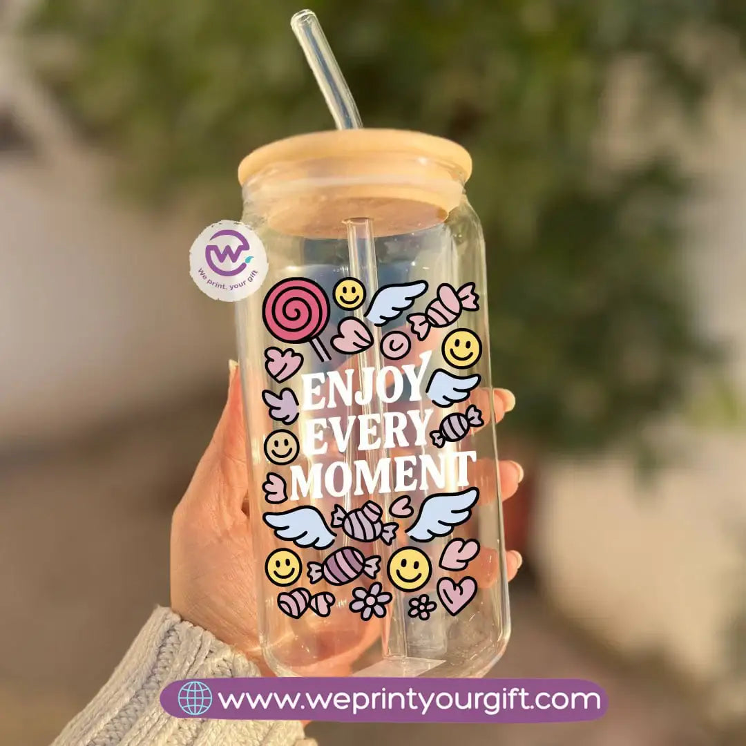 Round Glass Mug with Bamboo Lid & Glass Straw | Motivational Doodle Designs – 400 ml - WE PRINT