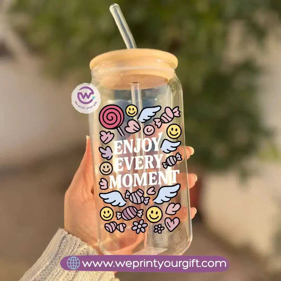 Round Glass Mug with Bamboo Lid & Glass Straw | Motivational Doodle Designs – 400 ml - WE PRINT