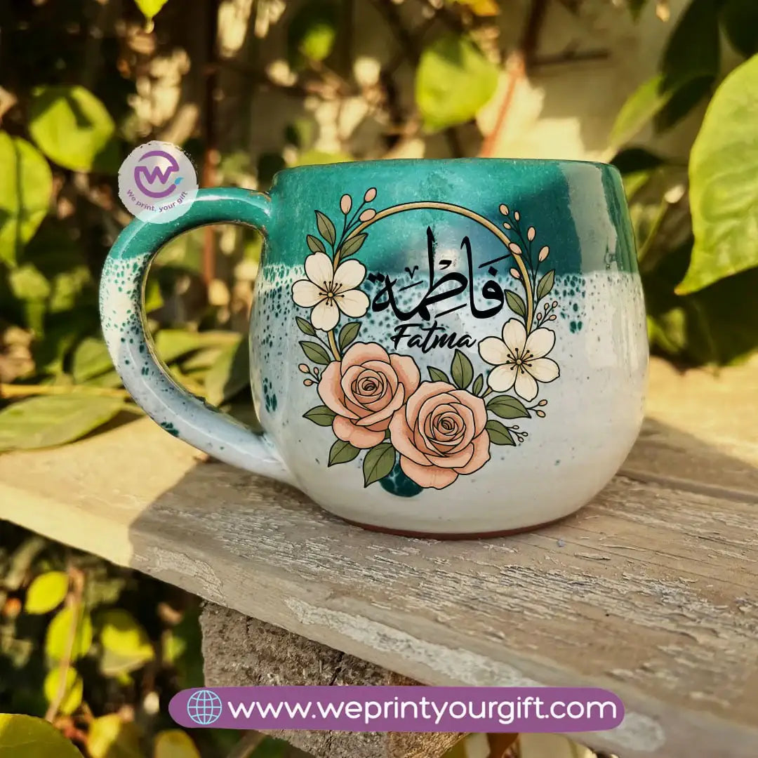 Green & White Handmade Pottery Mug with Floral Name Design - WE PRINT