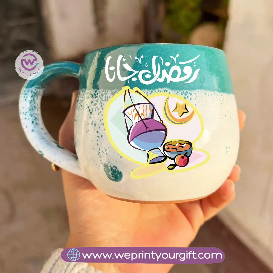 Green & White Handmade Pottery Mug with Ramadan Designs - WE PRINT