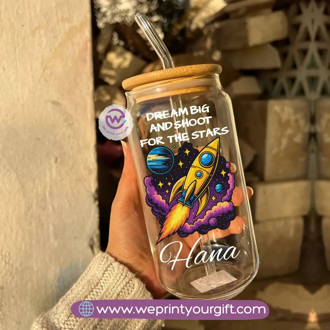 Round Glass Mug with Bamboo Lid & Glass Straw | Digital Art Design – 400 ml - WE PRINT