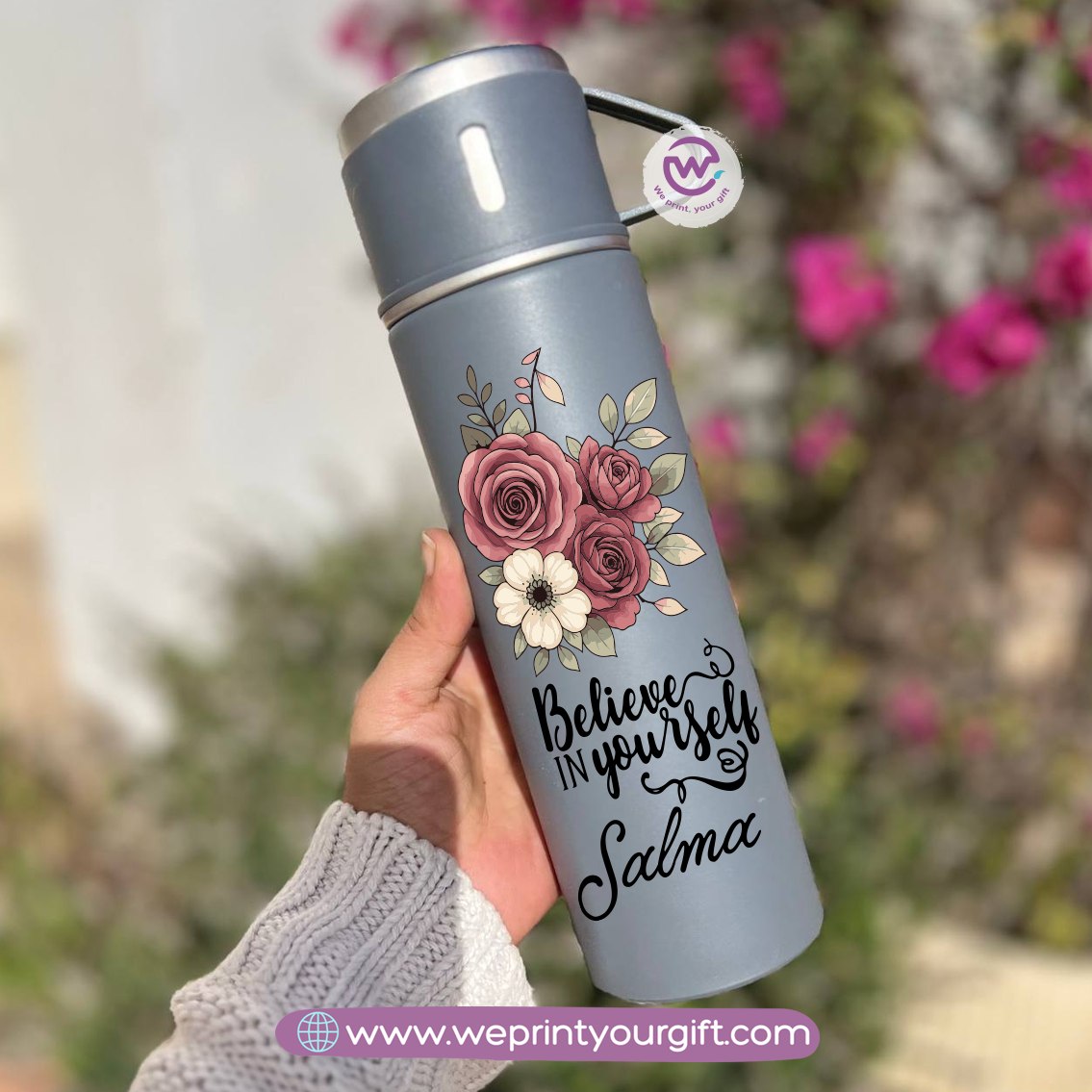 Floral Name Thermal Flask with Two Extra Cups – 500ml