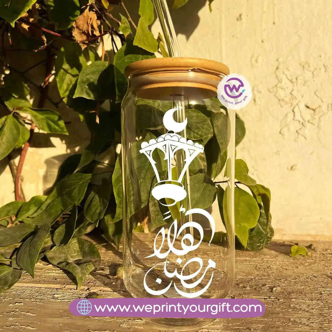 Round Glass Mug with Bamboo Lid & Glass Straw | Ramadan Night Design - WE PRINT