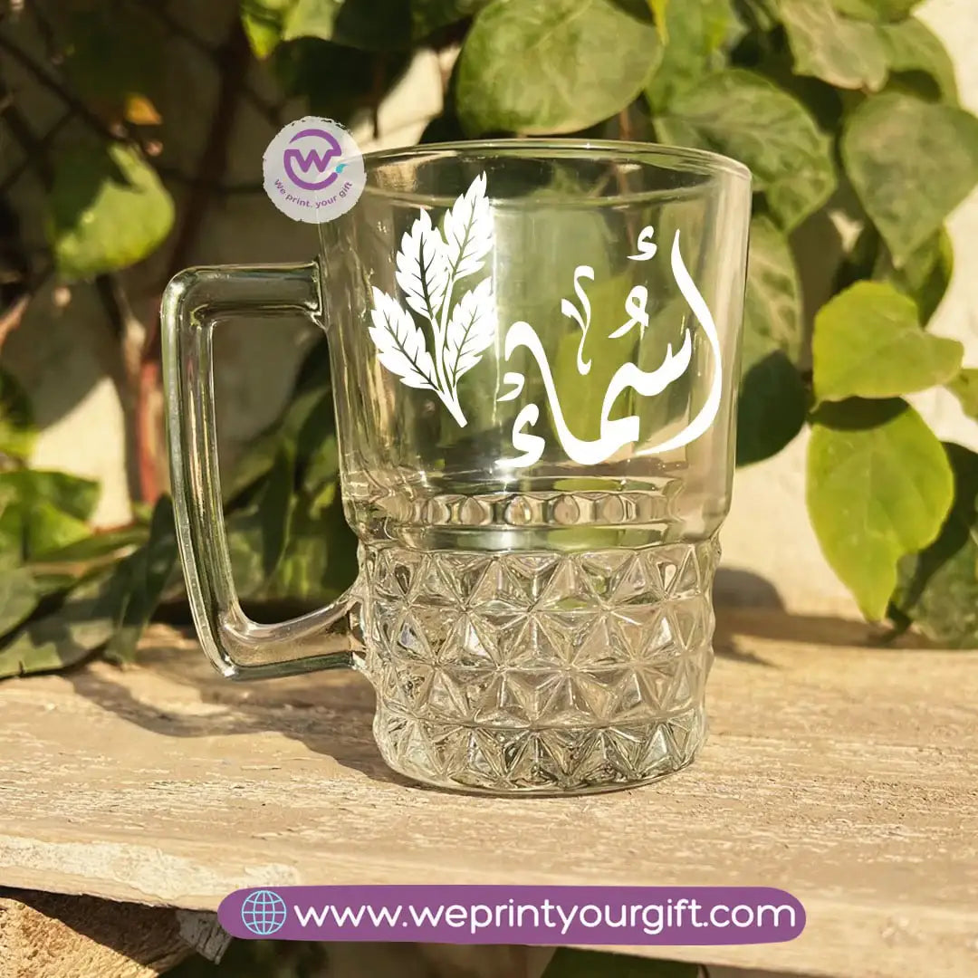 Personalized Clear Crystal Pattern Glass Mug with Arabic Name Typography – 250 ml - WE PRINT