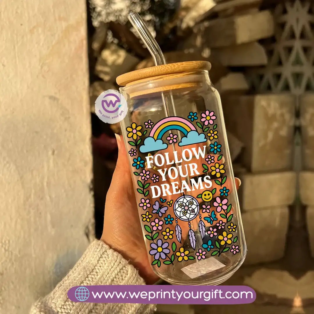 Round Glass Mug with Bamboo Lid & Glass Straw | Motivational Doodle Designs – 400 ml - WE PRINT