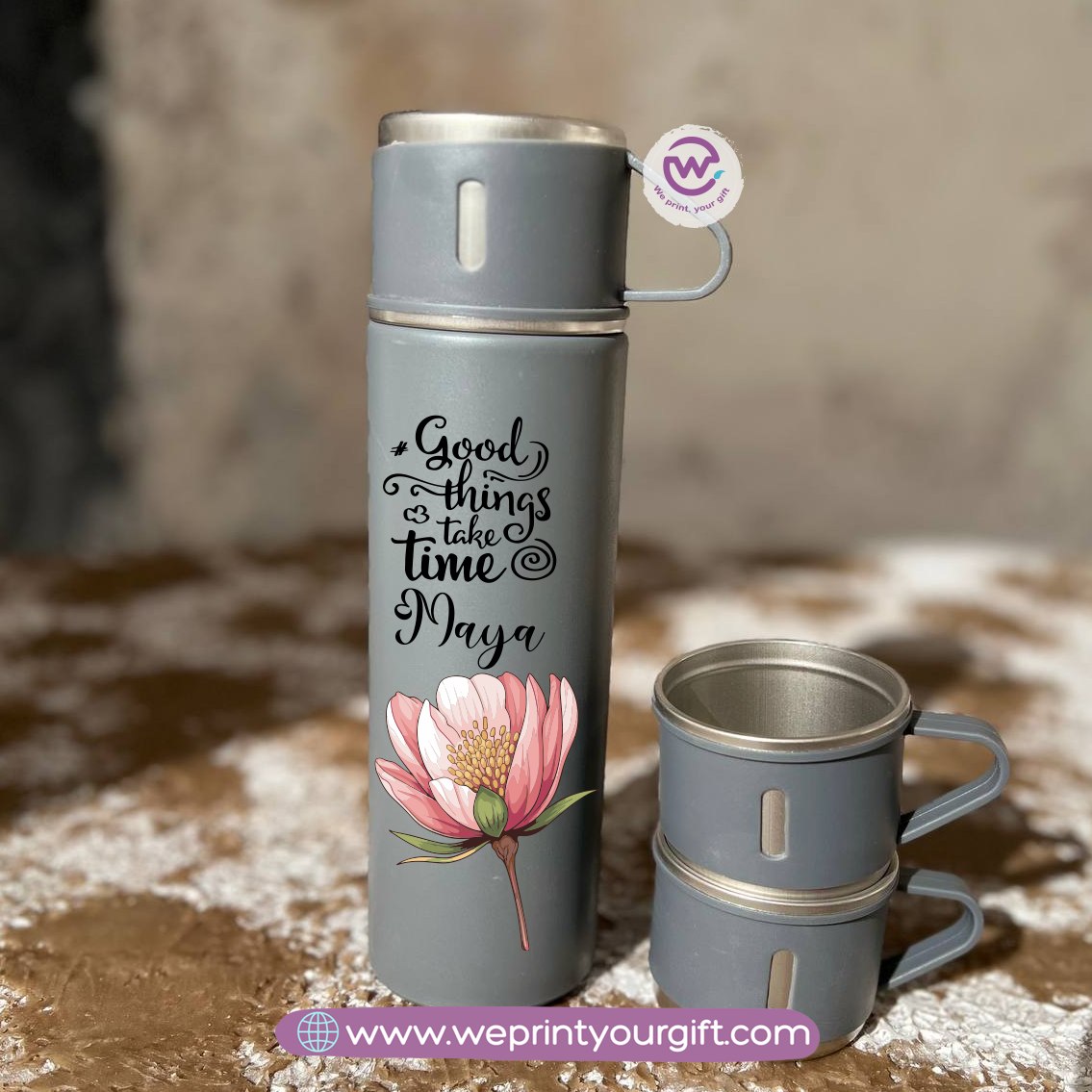 Floral Name Thermal Flask with Two Extra Cups – 500ml