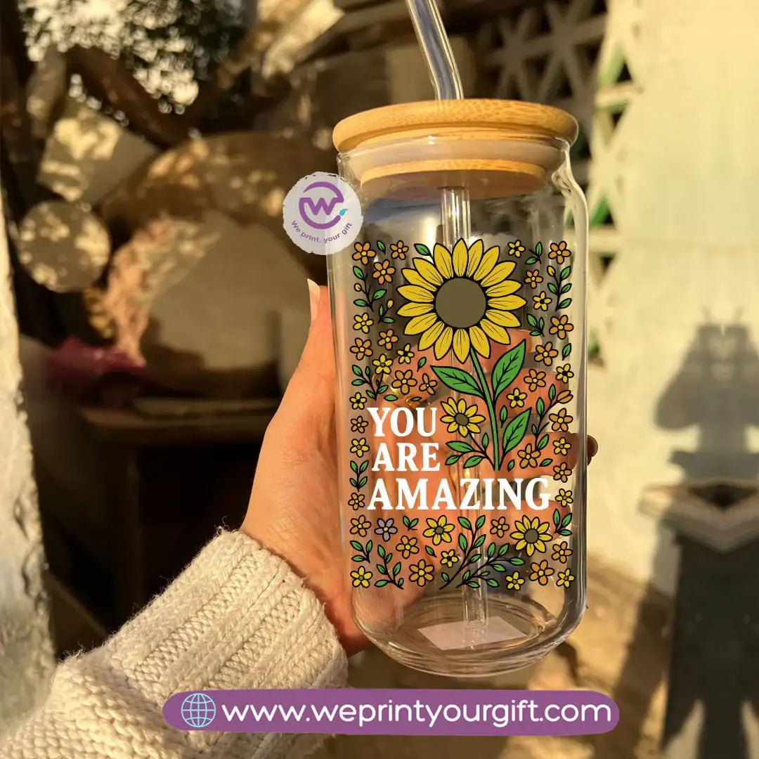 Round Glass Mug with Bamboo Lid & Glass Straw | Motivational Doodle Designs – 400 ml - WE PRINT