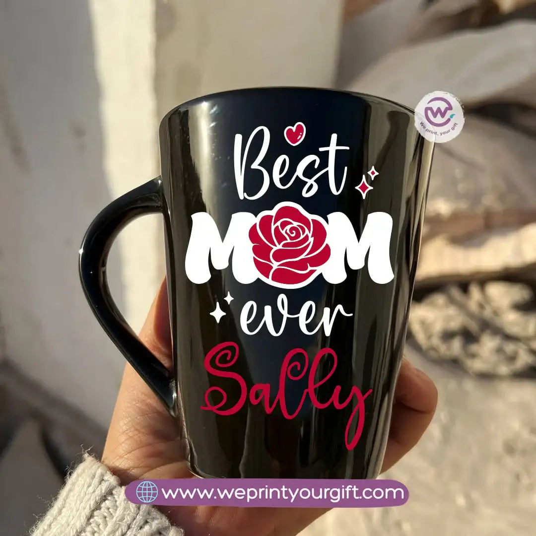Mother’s Day Edition Black Conical Porcelain Mug – 350 ml | Elegant Love Designs | UV Raised Sticker Printing - WE PRINT