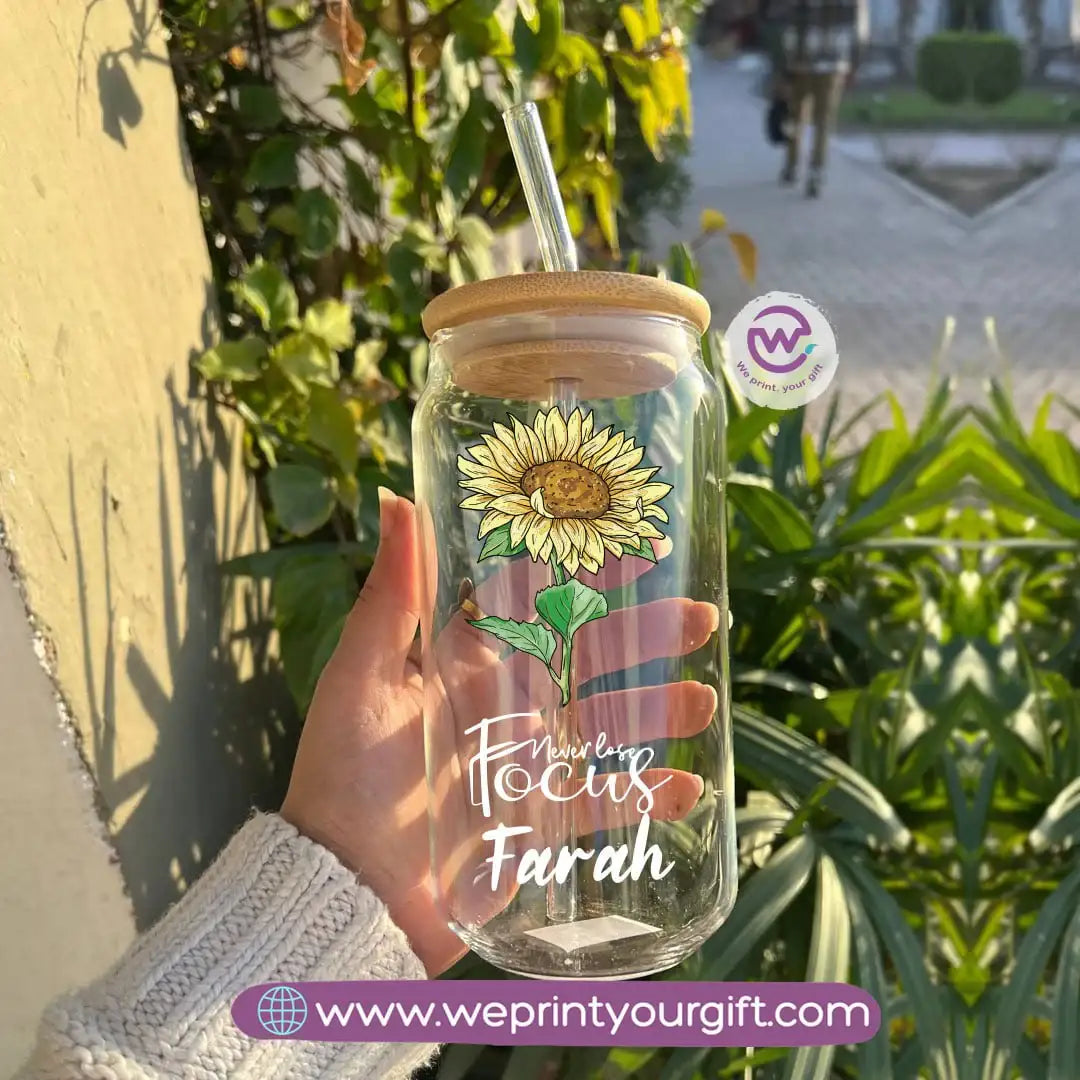 Round Glass Mug with Bamboo Lid & Glass Straw | Floral Motivational Design - WE PRINT