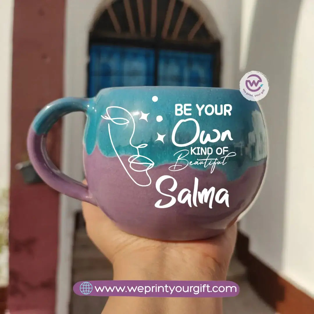 Turquoise & Purple Handmade Pottery Mug – 350 ml | Personalized One Line Art Names - WE PRINT