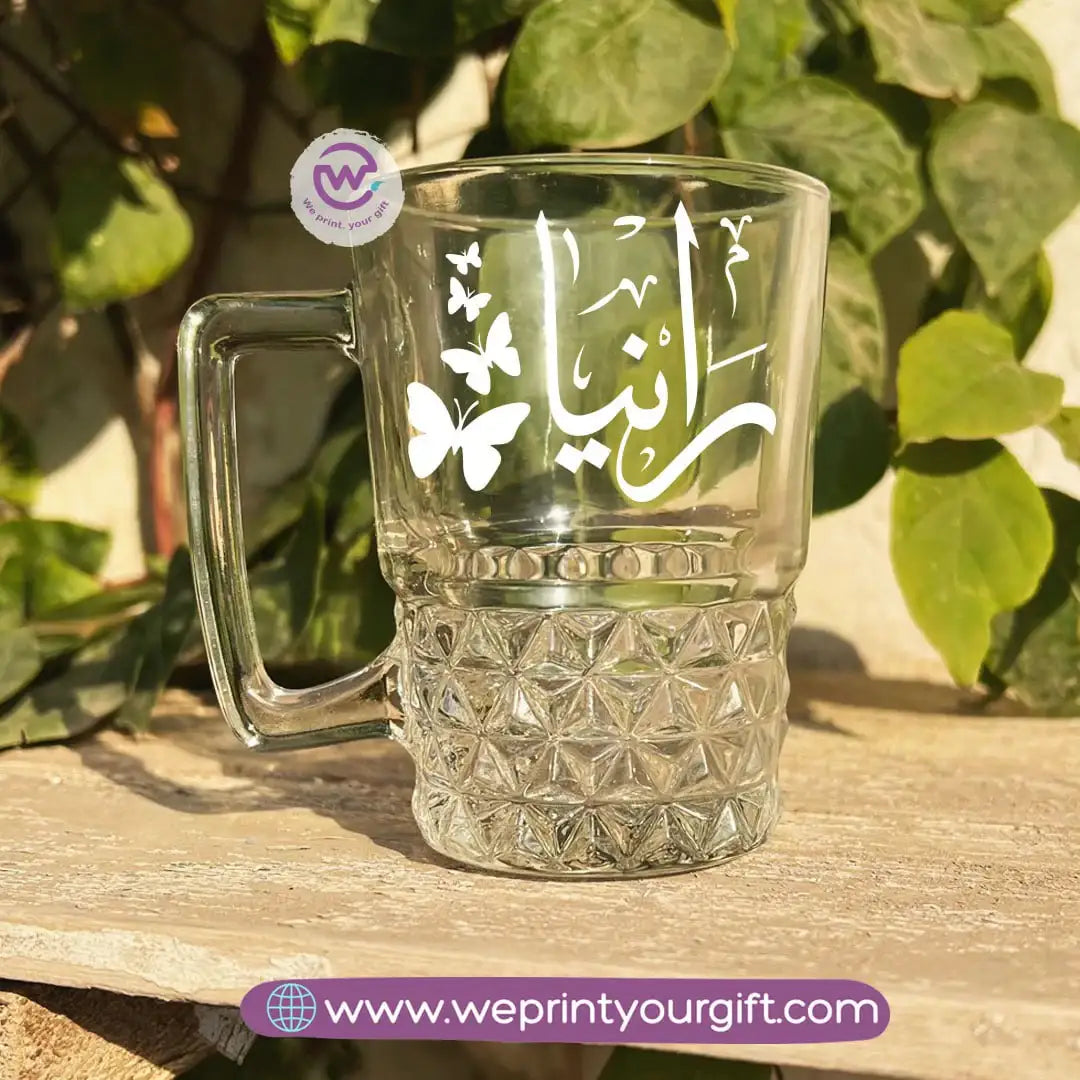 Personalized Clear Crystal Pattern Glass Mug with Arabic Name Typography – 250 ml - WE PRINT