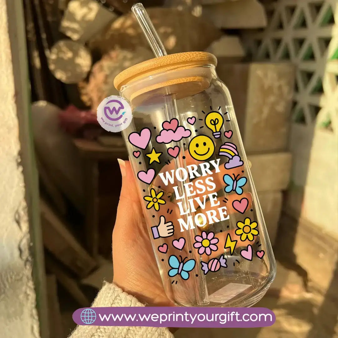 Round Glass Mug with Bamboo Lid & Glass Straw | Motivational Doodle Designs – 400 ml - WE PRINT