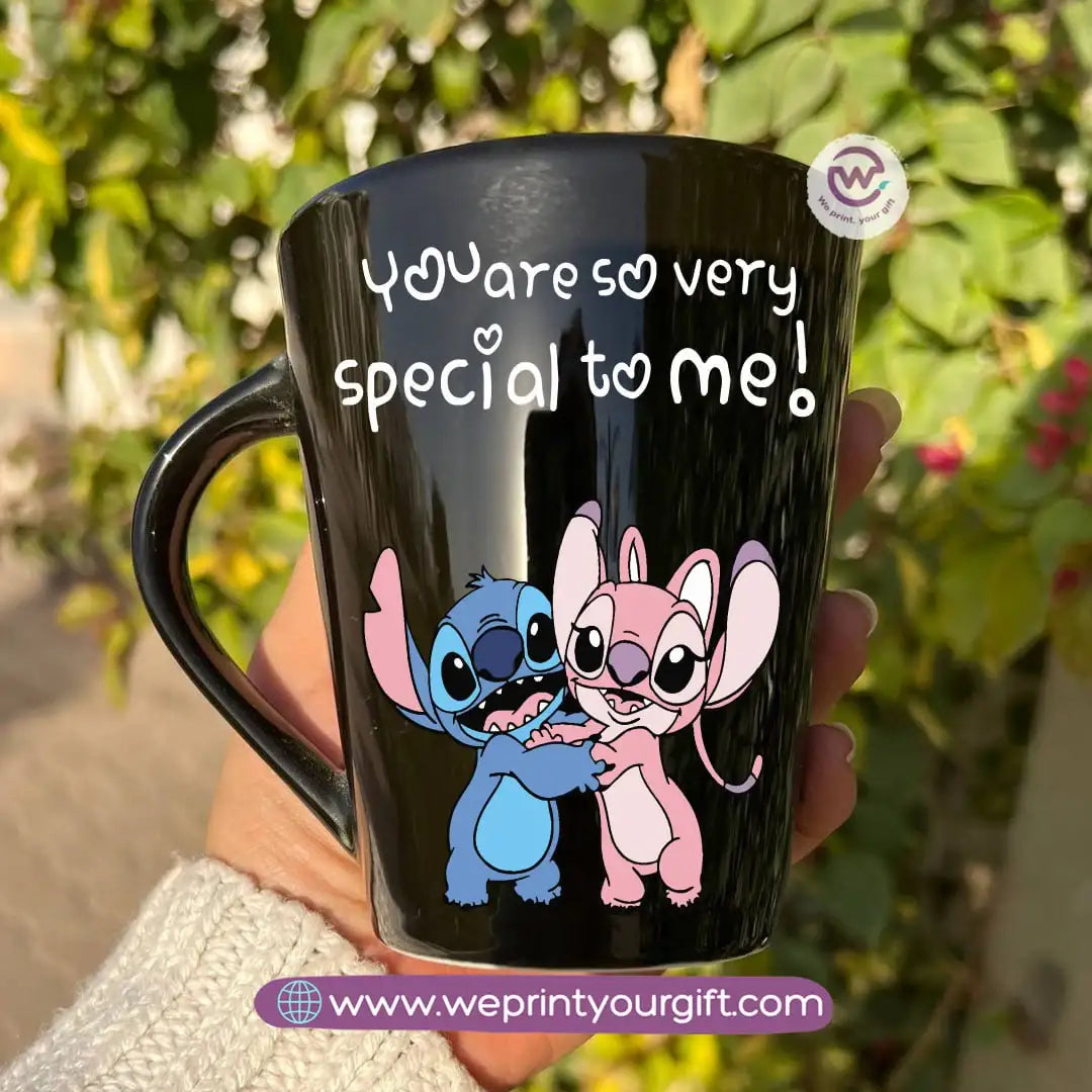 Stitch Valentine’s Edition Black Conical Porcelain Mug – 350 ml | UV Raised Sticker Printing - WE PRINT