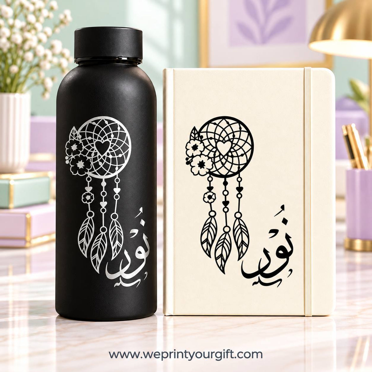 Personalized Name Gift Set – Thermal Water Bottle & Rubber Cover Notebook with Custom Name and Elegant Floral Designs
