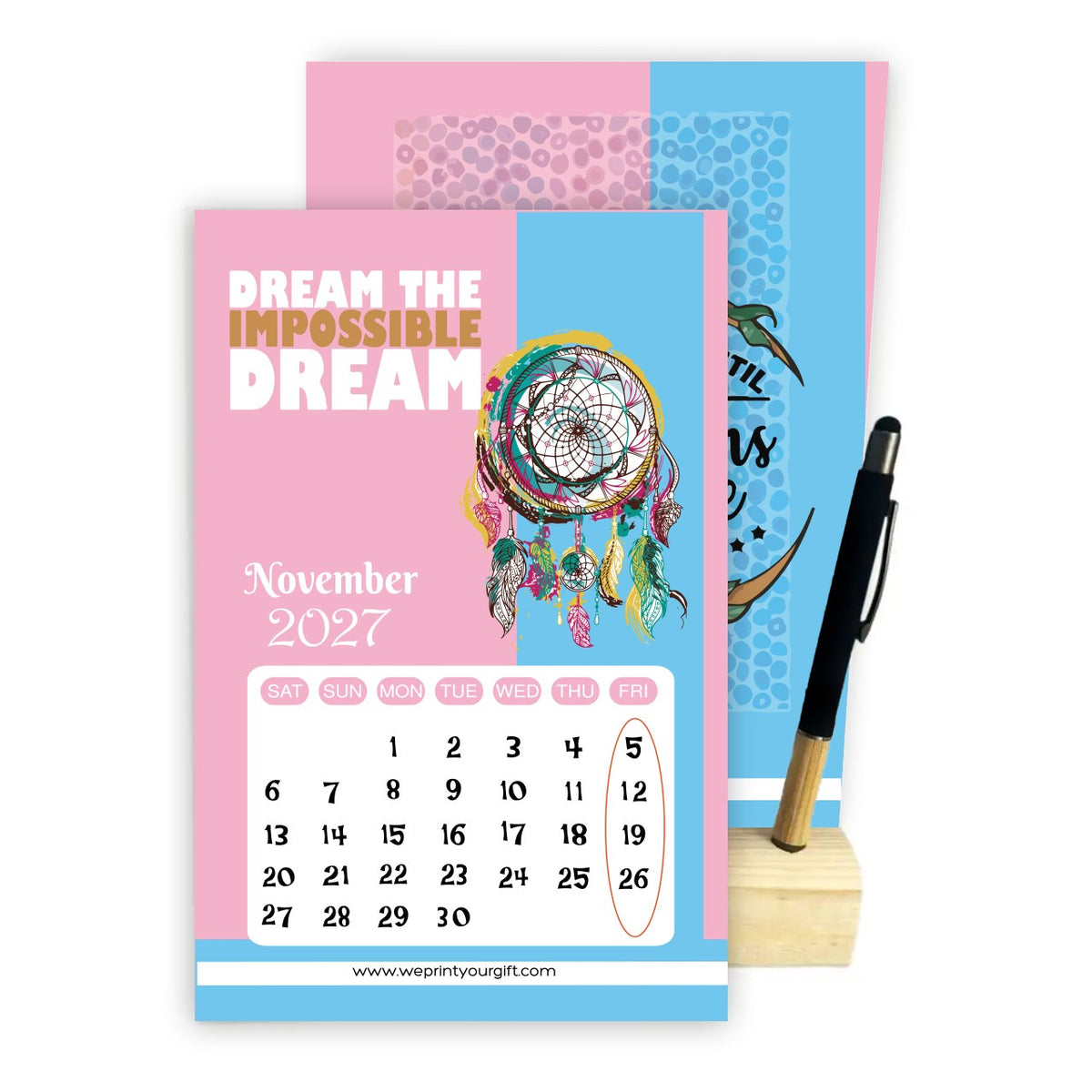 2027 Dream Catcher Desk Calendar – Inspirational Quotes with Wooden Stand & Bamboo Touch Pen