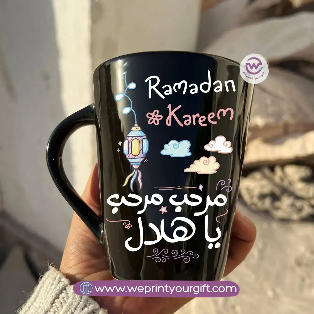 Ramadan Edition Black Conical Porcelain Mug – 350 ml | Islamic Digital Art Designs | UV Raised Sticker Printing - WE PRINT
