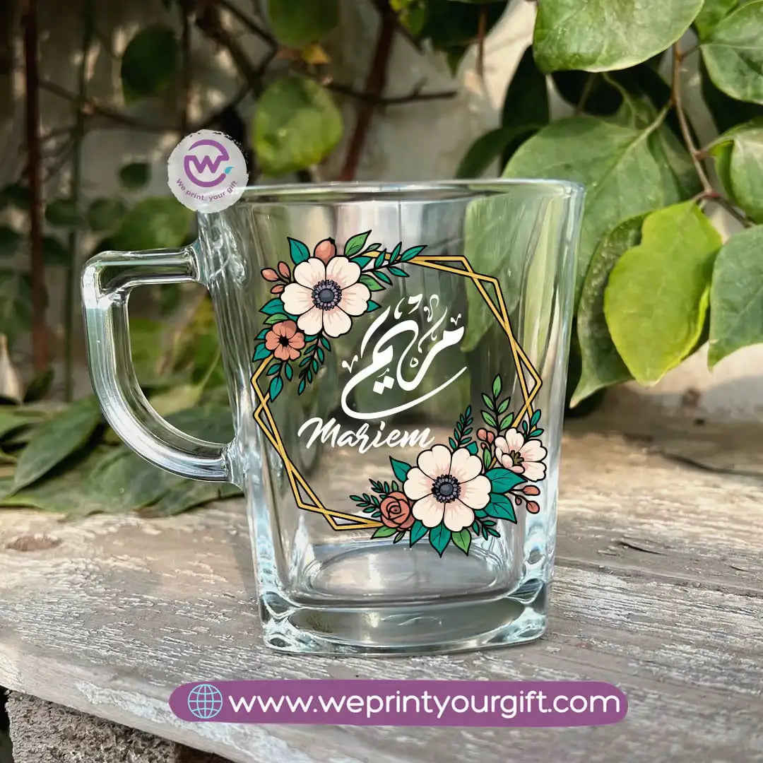 Personalized Floral Name Glass Tea Cup – 300 ml - WE PRINT