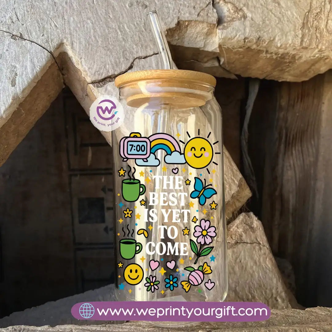 Round Glass Mug with Bamboo Lid & Glass Straw | Motivational Doodle Designs – 400 ml - WE PRINT