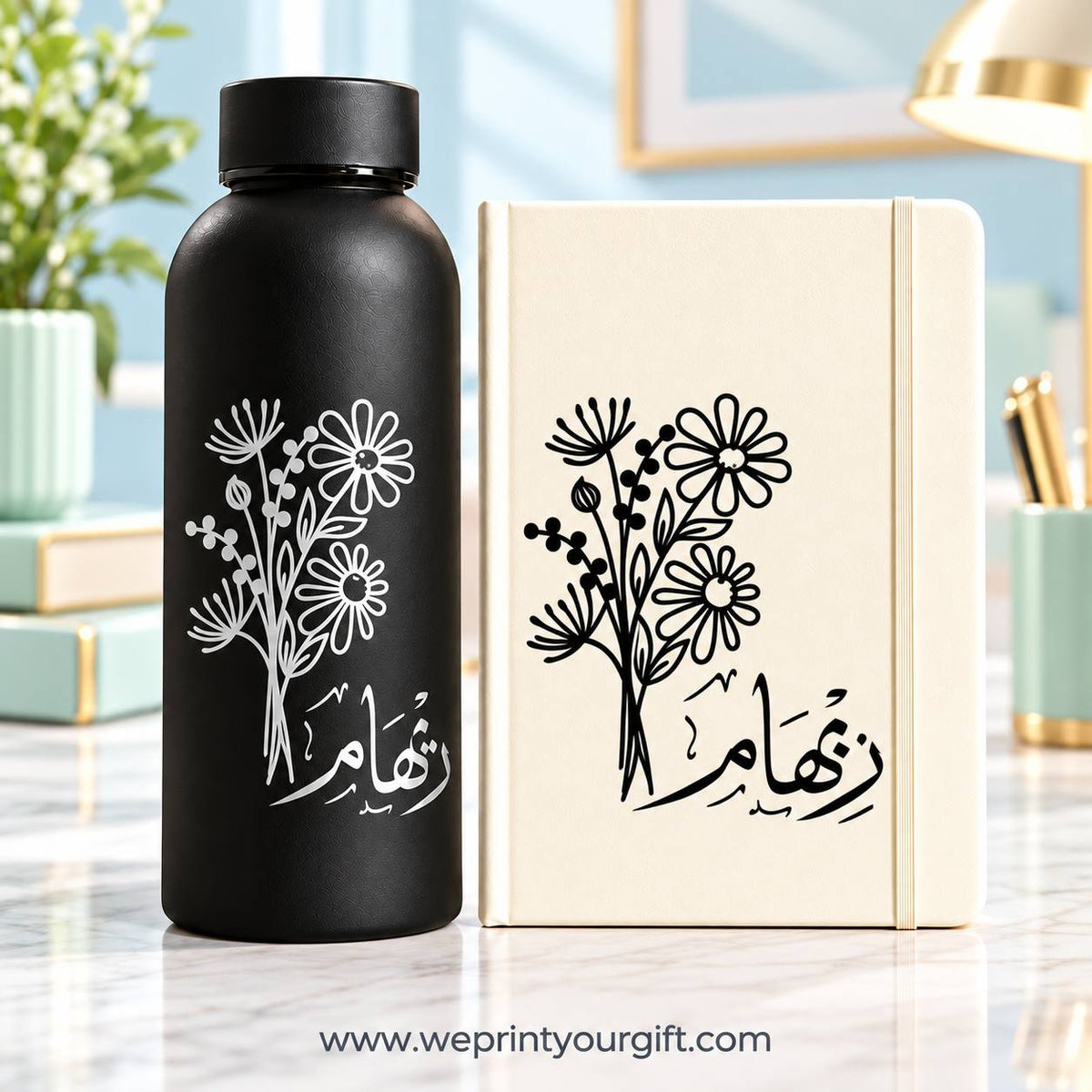 Personalized Name Gift Set – Thermal Water Bottle & Rubber Cover Notebook with Custom Name and Elegant Floral Designs