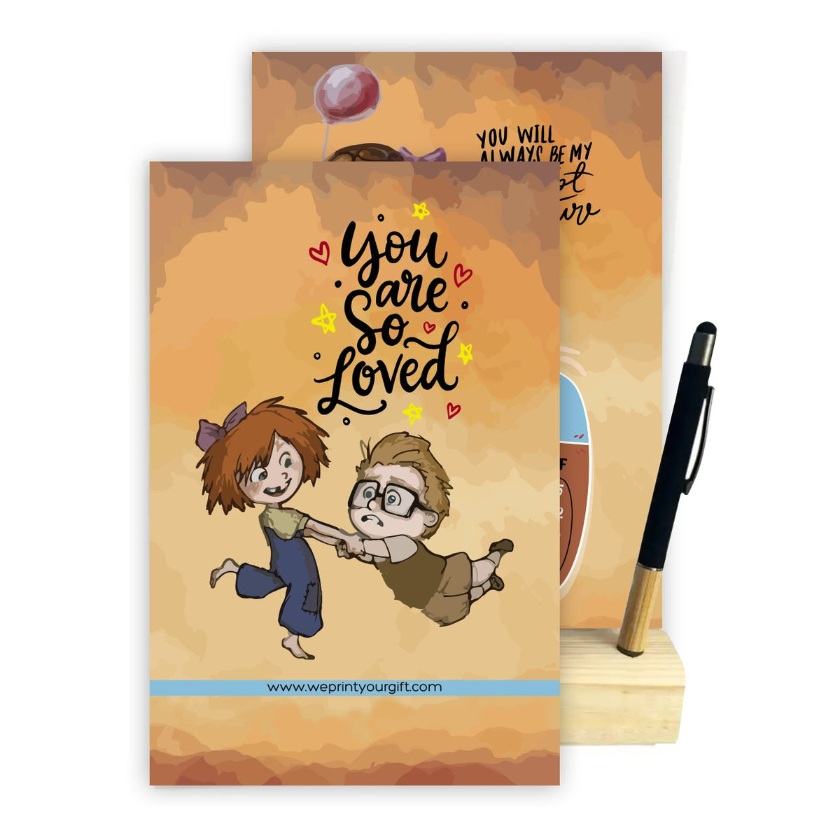 2027 Desk Calendar – Love & Balloon Adventure | Romantic Cartoon Design with Wooden Stand & Bamboo Touch Pen