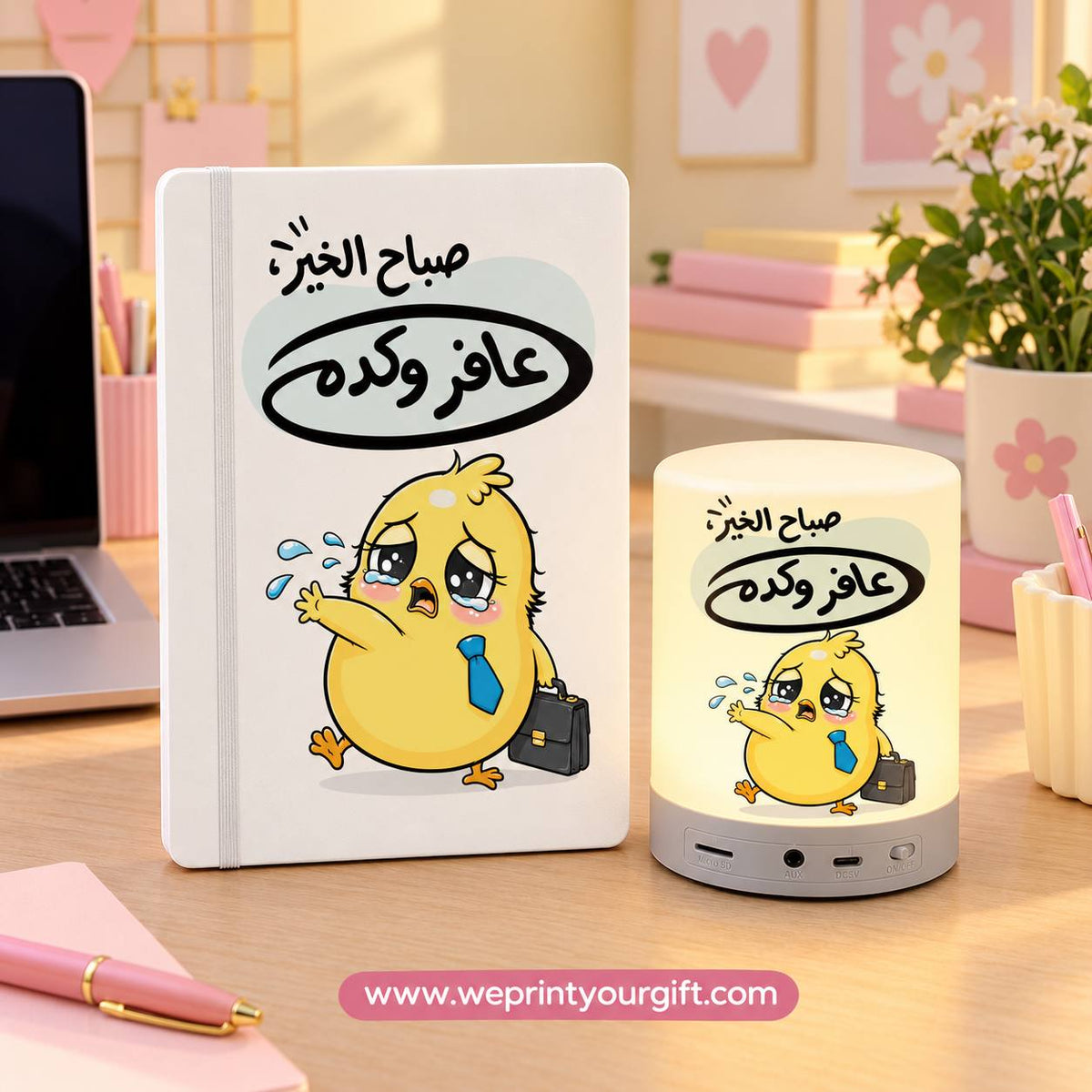 Funny Chick Office Gift Set – Touch Lamp Speaker & Notebook | Work Comic