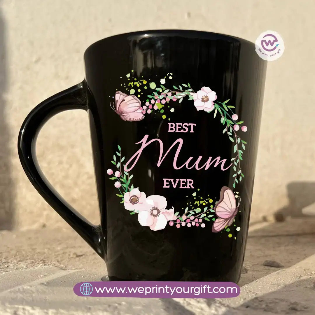Mom Love Edition Black Conical Porcelain Mug โ 350 ml | Artistic Mother-Inspired Designs | UV Raised Sticker Printing - WE PRINT