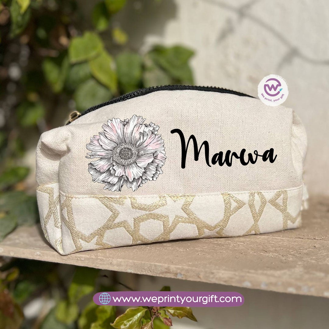 Islamic Pattern Floral Name Boxy Pouch – Personalized Cotton Makeup & Pencil Case