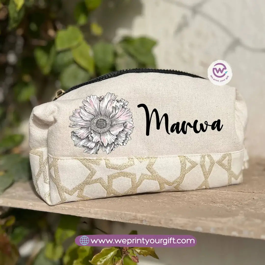 Islamic Pattern Floral Name Boxy Pouch – Personalized Cotton Makeup & Pencil Case