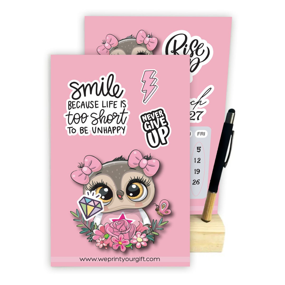 Cute Owl 2027 Desk Calendar with Wooden Stand & Bamboo Stylus Pen – Pink Motivational Collection