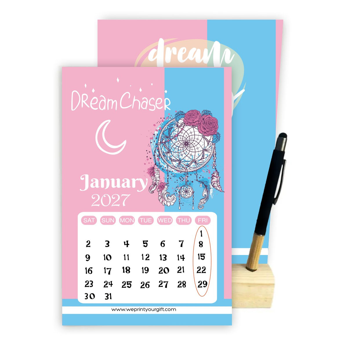 2027 Dream Catcher Desk Calendar – Inspirational Quotes with Wooden Stand & Bamboo Touch Pen