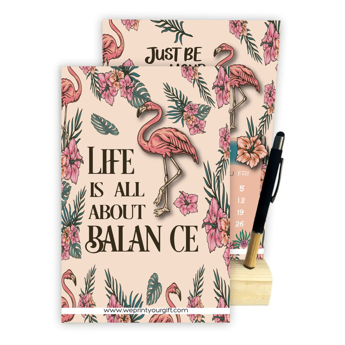 2027 Tropical Flamingo Desk Calendar – A5 Monthly Motivational Calendar with Wooden Stand & Bamboo Touch Pen