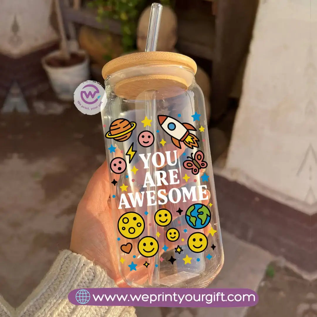 Round Glass Mug with Bamboo Lid & Glass Straw | Motivational Doodle Designs – 400 ml - WE PRINT