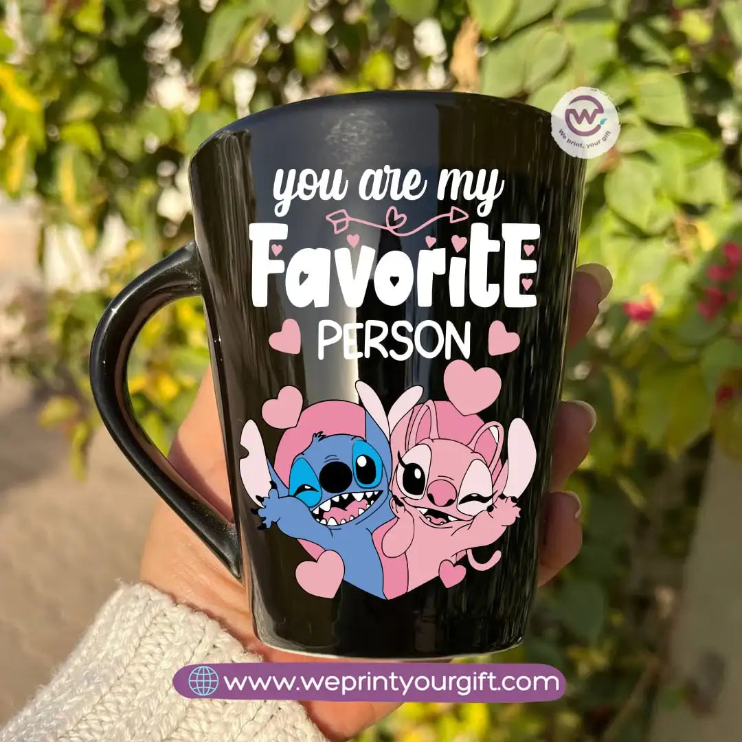 Stitch Valentine’s Edition Black Conical Porcelain Mug – 350 ml | UV Raised Sticker Printing - WE PRINT