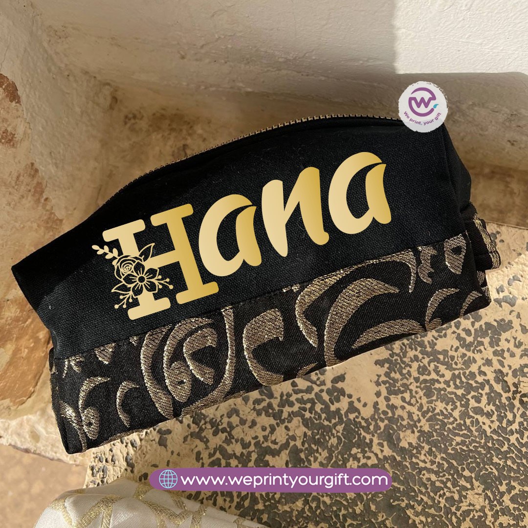 Islamic Pattern Golden Name Boxy Pouch – Personalized Cotton Makeup & Pencil Case