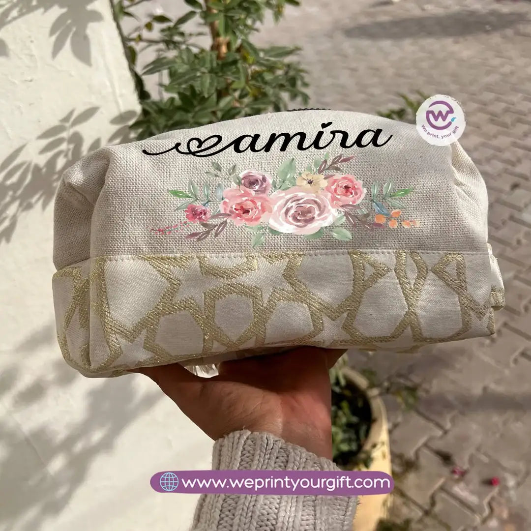 Islamic Pattern Floral Name Boxy Pouch – Personalized Cotton Makeup & Pencil Case
