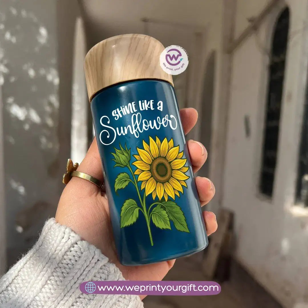 Mini Thermal Coffee Mug – (150ml & 250ml) | Wooden Lid - Sunflower Digital Art Theme