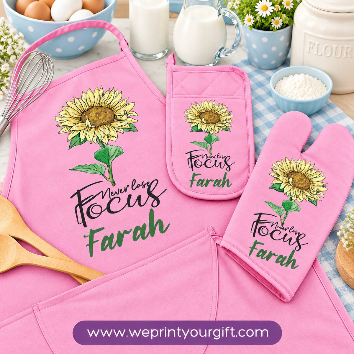 Personalized Name & Motivational Quote 3-Piece Kitchen Set (Apron, Oven Mitt & Pot Holder) + Optional Chef Hat