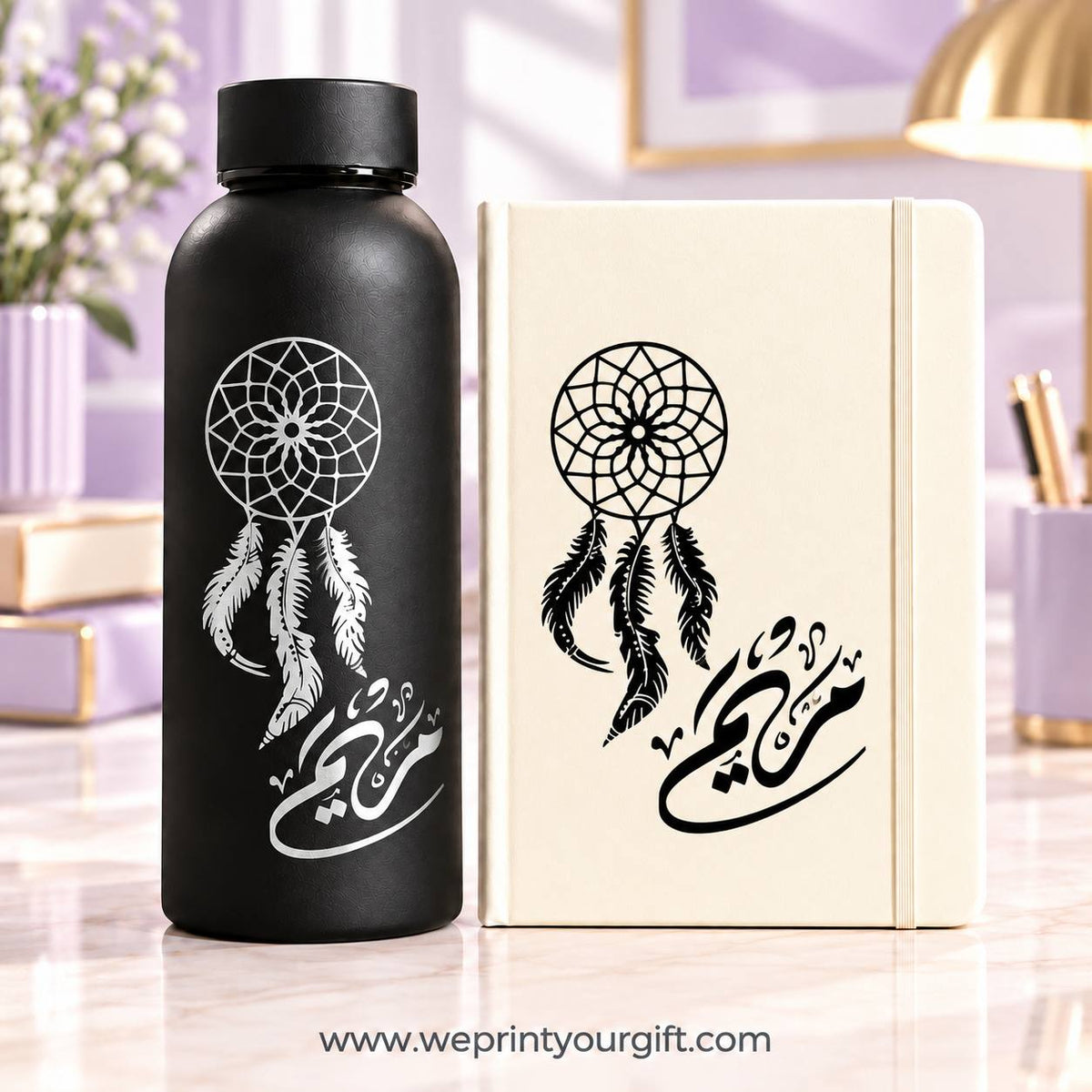 Personalized Name Gift Set – Thermal Water Bottle & Rubber Cover Notebook with Custom Name and Elegant Floral Designs