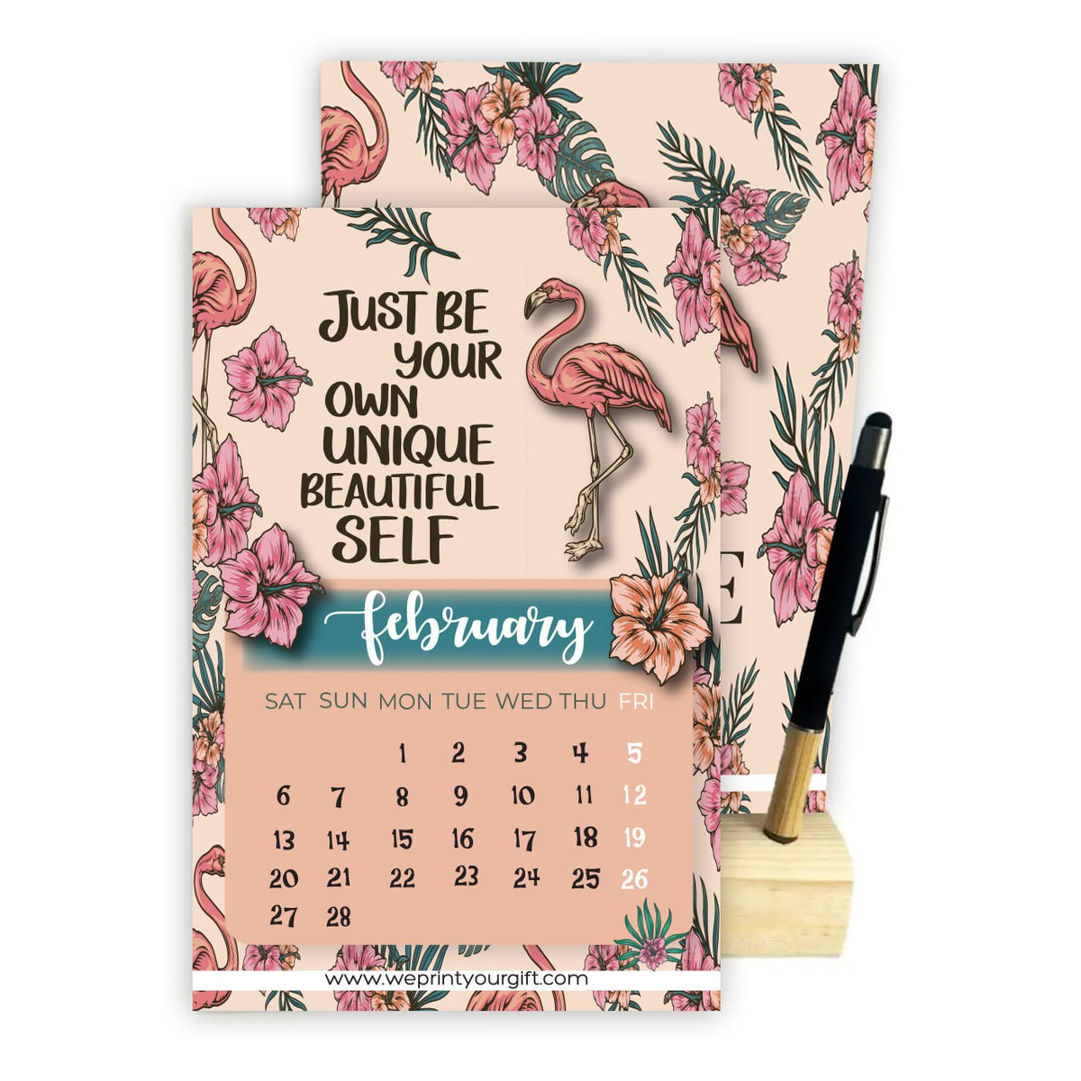 2027 Tropical Flamingo Desk Calendar – A5 Monthly Motivational Calendar with Wooden Stand & Bamboo Touch Pen