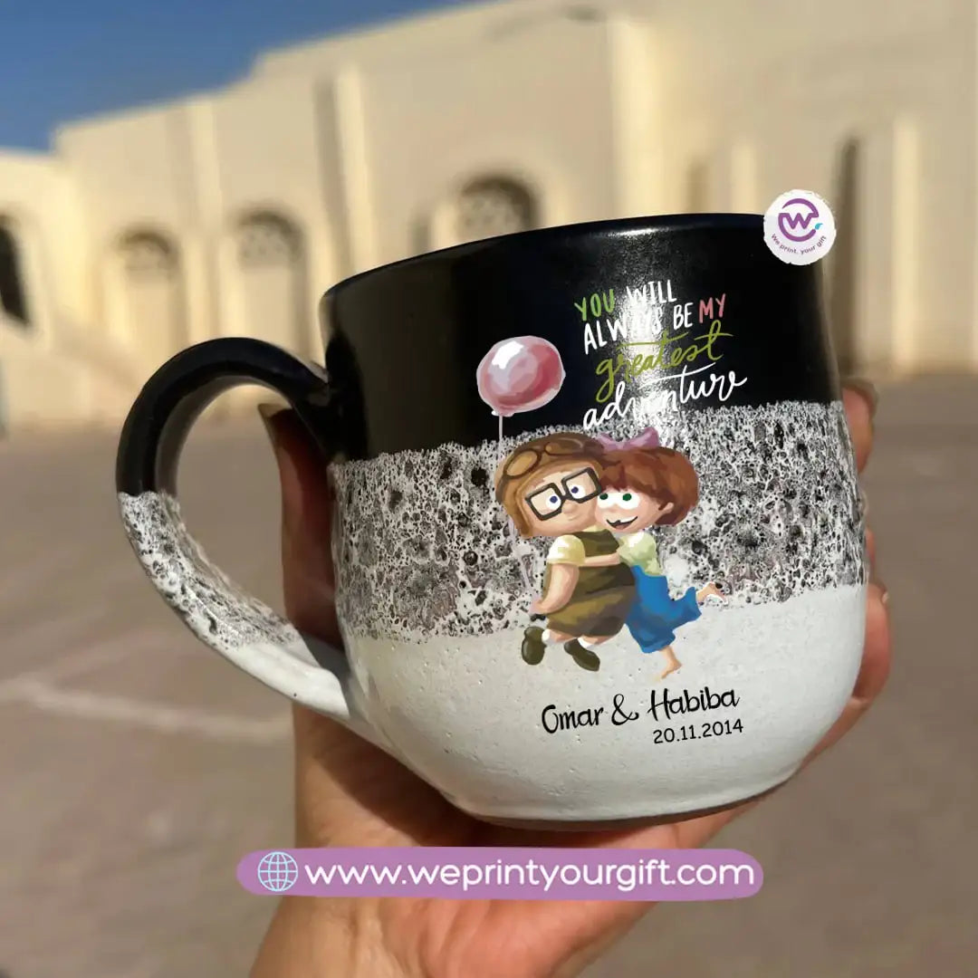 Black & White Handmade Pottery Mug – 350 ml | Valentine Up Cartoon Theme - WE PRINT
